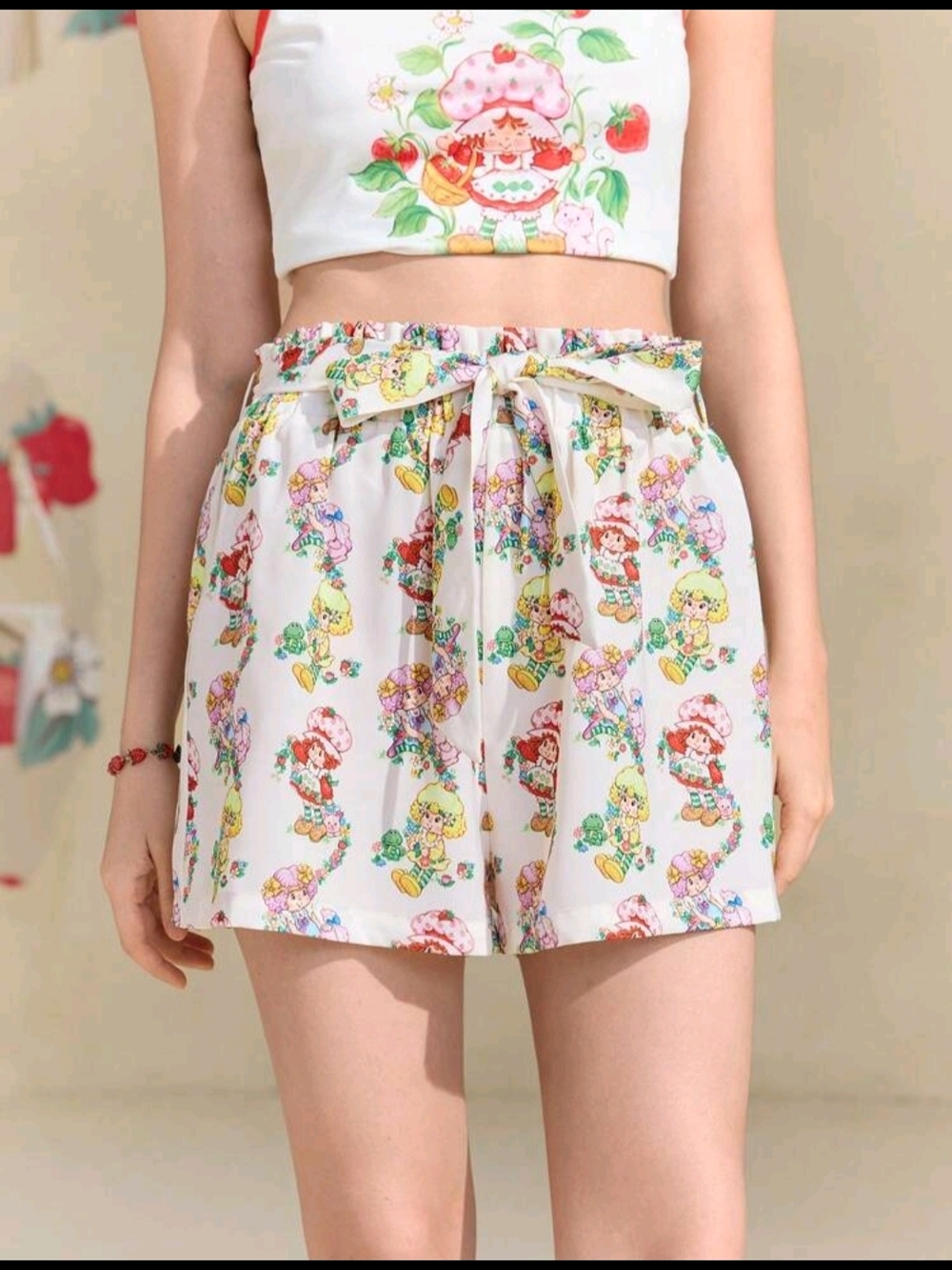 White Strawberry Print High-Waist Tie Shorts
